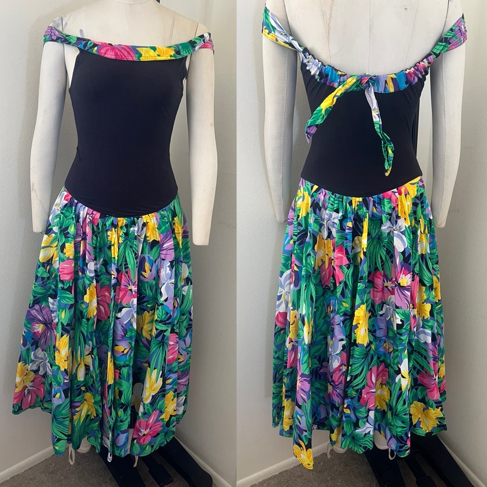 Karen Alexander Dress Floral Off-Shoulder drop waist full skirt pockets